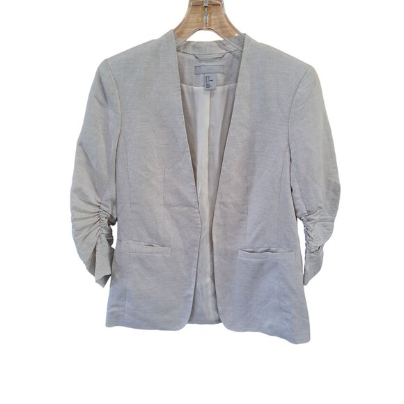 H&M Jackets & Blazers - H&M Linen Bld Beige Ruched Sleeve Blazer Women's Size 8 Lightweight Open Front